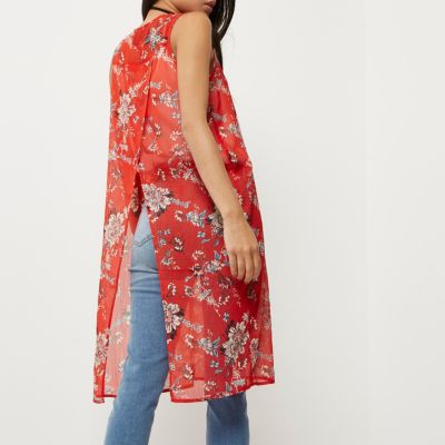 Red floral print sleeveless duster coat